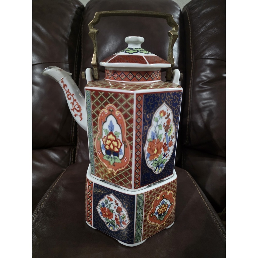 HexagonalJapanese teapot with warming stand with 4 matching teacups